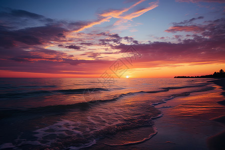 海滩上夕阳余晖图片