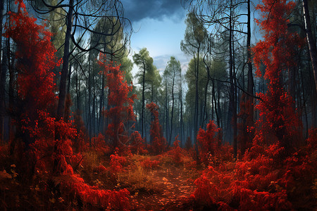 红叶森林的油画图片