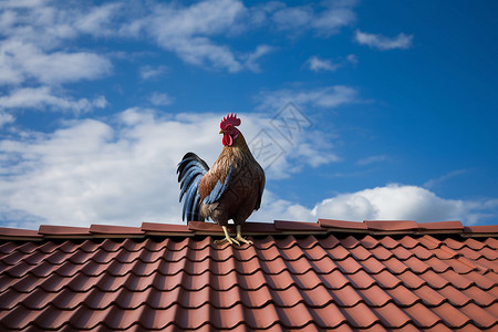 一只彩色公鸡站在屋顶上高清图片