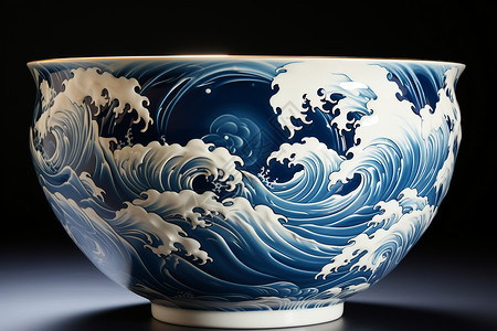 中国风海浪花纹蓝白花纹碗背景