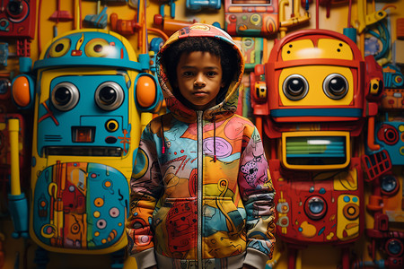 玩具机器人机器人墙壁前的男孩背景