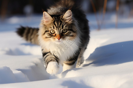 冬天雪中漫步雪地中奔跑的猫背景