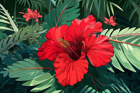 一朵红色花朵热带背景下一朵红色插画