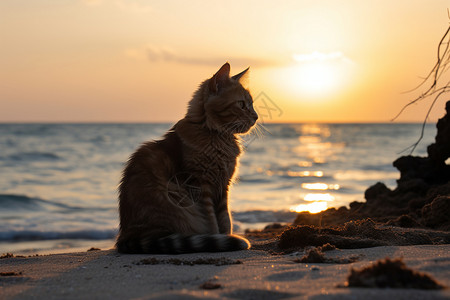 看夕阳猫素材日落时海滩上乖巧的宠物猫咪背景