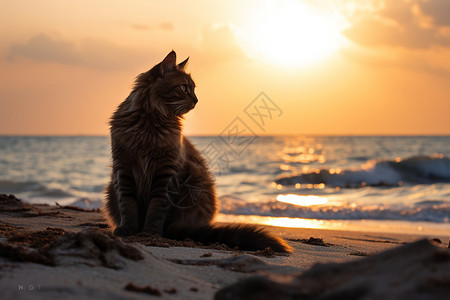 猫咪秘密生活海边日落时的猫咪（生活方式）背景