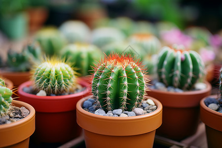 花盆中的小型仙人掌植物高清图片