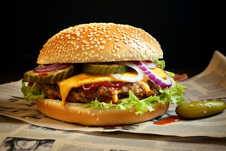 快餐店的芝士牛肉汉堡高清图片
