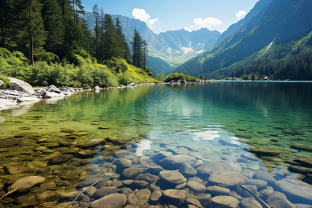 山湖悠翠山水如画的山间湖畔景观背景