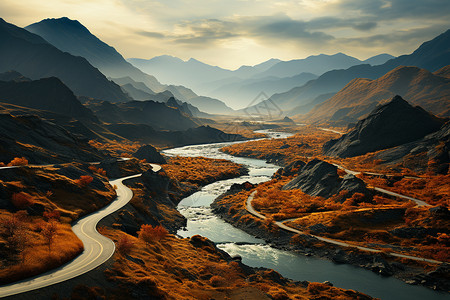 山间风景道路秋季山间崎岖的道路插画