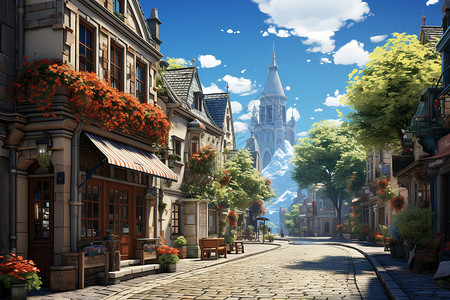 欧洲街景古老的欧洲城镇街道景观插画