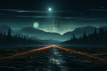 山间风景道路月光下的乡村道路景观插画