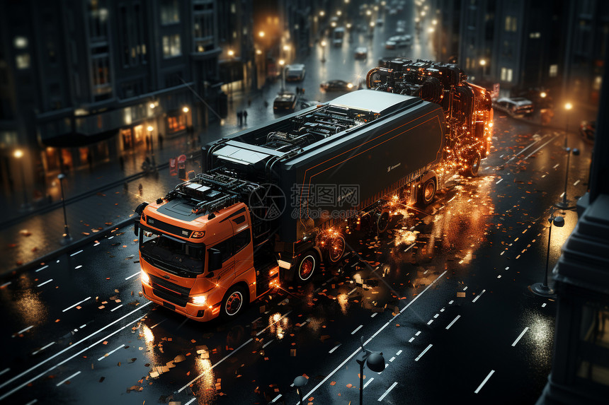 夜幕城市街道中的卡车图片