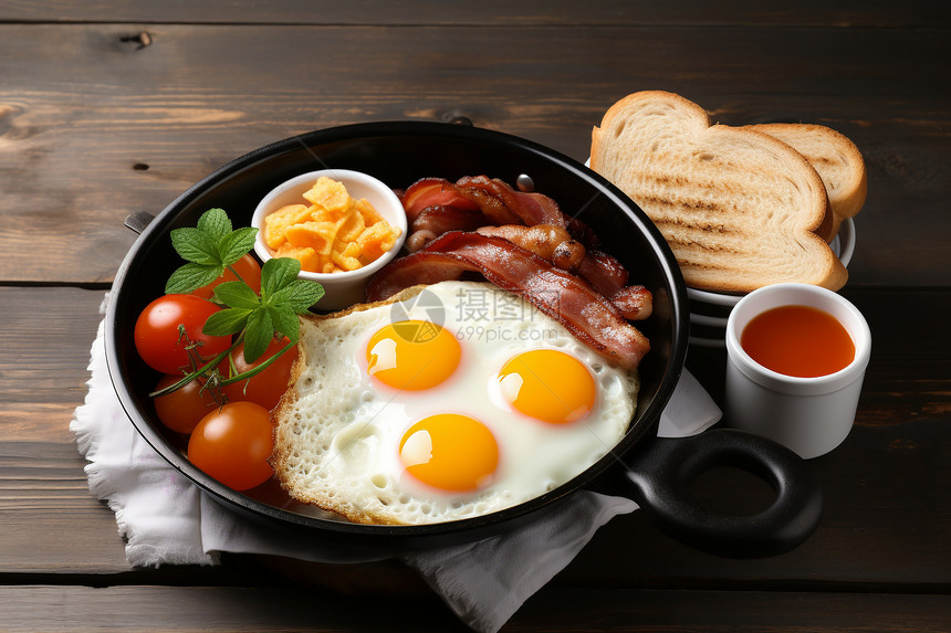 美味的香煎培根鸡蛋早餐图片