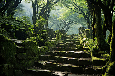 静谧山间的石阶背景图片