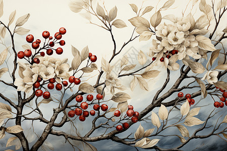 红浆果树下的绘画图片
