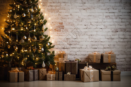 圣诞树前的礼物盒背景图片