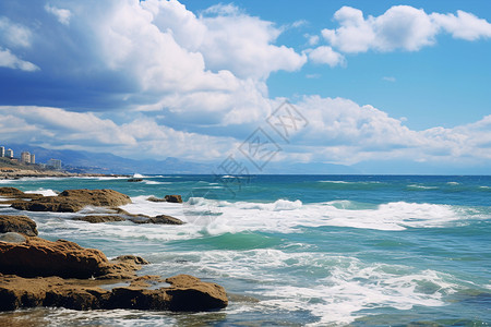 海岸上浪花拍打在岩石图片