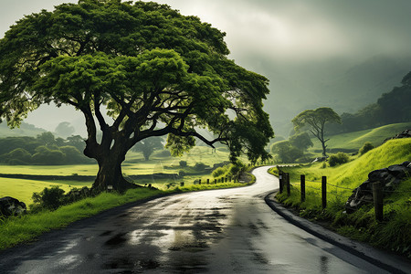 乡村雨天公路背景图片