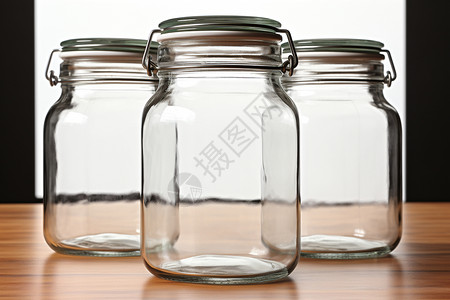 三种罐头透明的玻璃罐背景