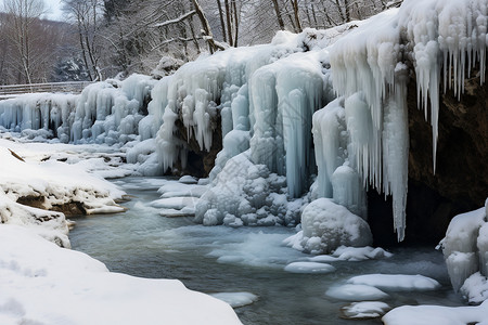 冰雪流泉结冰的河流高清图片