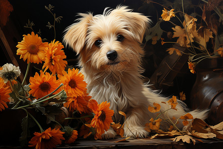 小狗在花堆图片