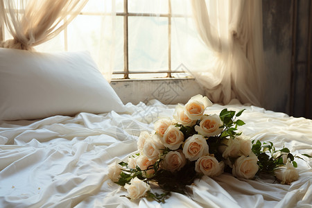 家居床垫床上的玫瑰花背景