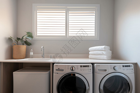 洗衣房里的洗衣机和烘干机背景图片