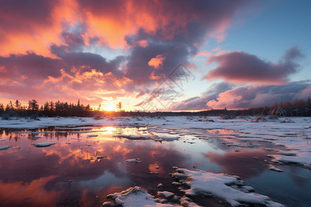 冰湖落日余晖图片