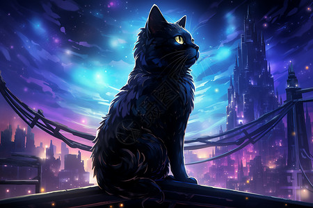 璀璨星空下的猫咪背景图片