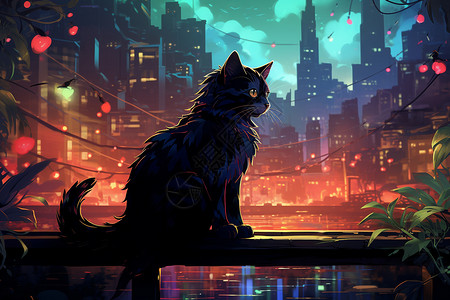 夜幕下的猫咪与城市光影图片