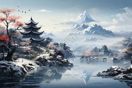 手工绘制的中国山水画背景图片