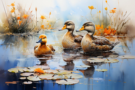 野鸭湖清静湖面上的两只鸭子插画