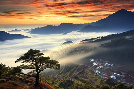 远山林中云雾缭绕的风景背景图片