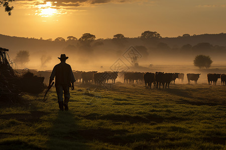 清晨放牧的农民图片