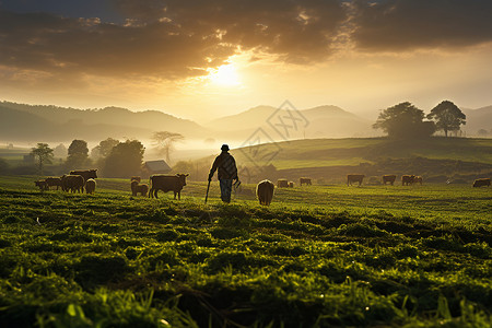 田野里的单羊田园晨光里的风景背景