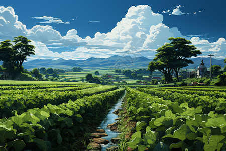 农作物生产农田的美丽景色插画