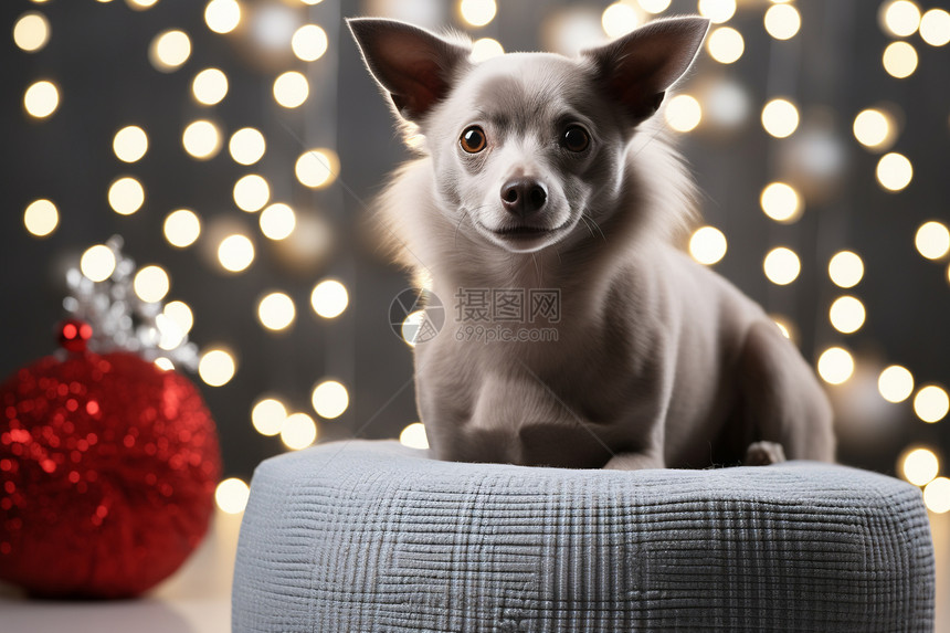 一只小狗坐在圣诞装饰前图片