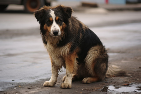 动物坐在街上流浪狗寂寞悲伤的眼神背景