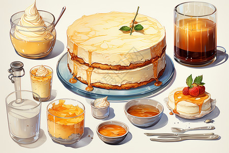 芝士鸡肉胡萝卜甜蜜美味的奶油芝士蛋糕插画