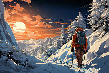 冬天徒步雪山旅行者插画