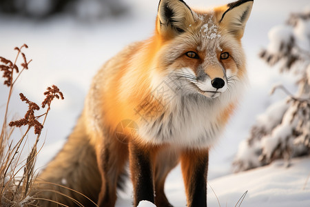 立于雪地里的红狐高清图片