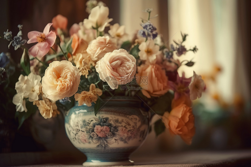 花瓶中绽放的花束图片