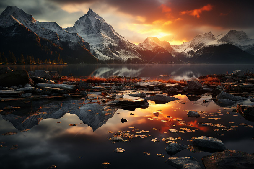 日落下壮观的山间湖泊景观图片