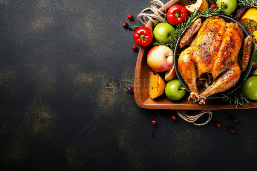 烤鸡水果和蔬菜的盘子图片