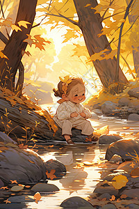 秋叶和溪流秋天温馨的河流插画