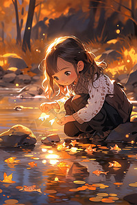 秋叶和溪流秋日河岸的魔幻之光插画