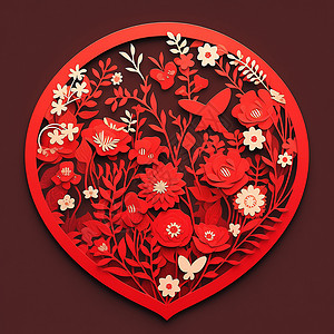 心形树叶装饰纸切艺术中的红色花朵插画