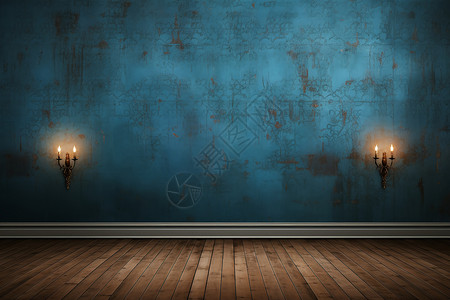 蓝墙上三支蜡烛木地板背景图片
