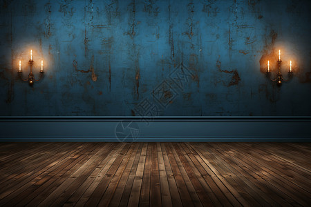 蓝色墙壁和木质地板的房间背景图片
