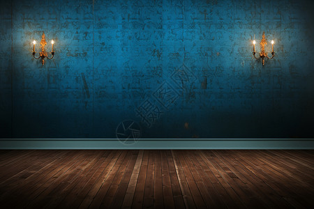 蓝色墙上的光照木地板背景图片